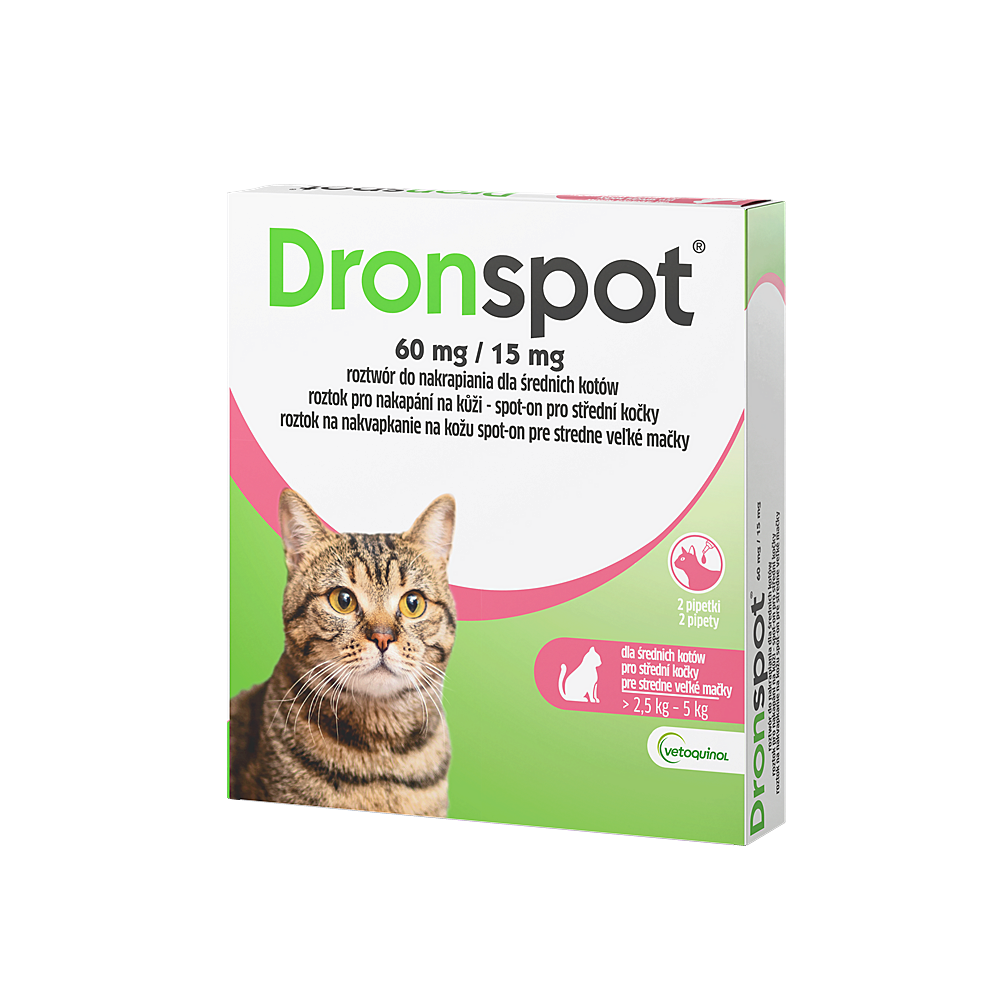 DRONSPOT 60 mg/15 mg roztok spot-on pro střední kočky 0,70 ml 2 pipety