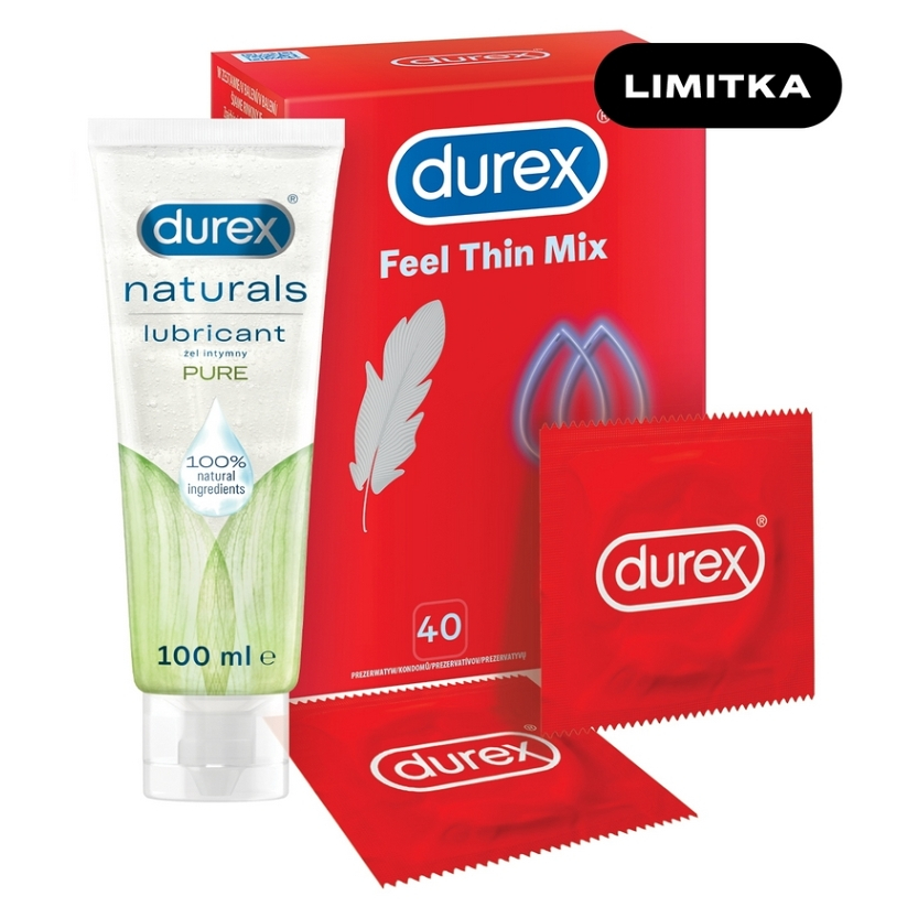 Levně DUREX Feel thin mix 40 kusů + Naturals pure lubrikační gel 100 ml ZDARMA