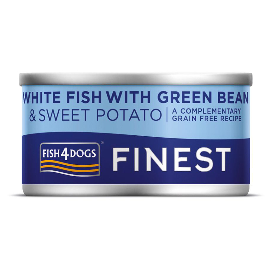 Levně FISH4DOGS Konzerva pro psy Finest s bílou rybou, sladkými bramborami a zelenými fazolkami 85 g