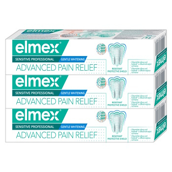 ELMEX Sensitive Professional Gentle Whitening Advanced Pain Relief zubní pasta pro citlivé zuby 3 x 75 ml (Zubní pasty na citlivé zuby a dásně) - Čistící, Zklidňující, Ochranný, Bělící, Ošetřující