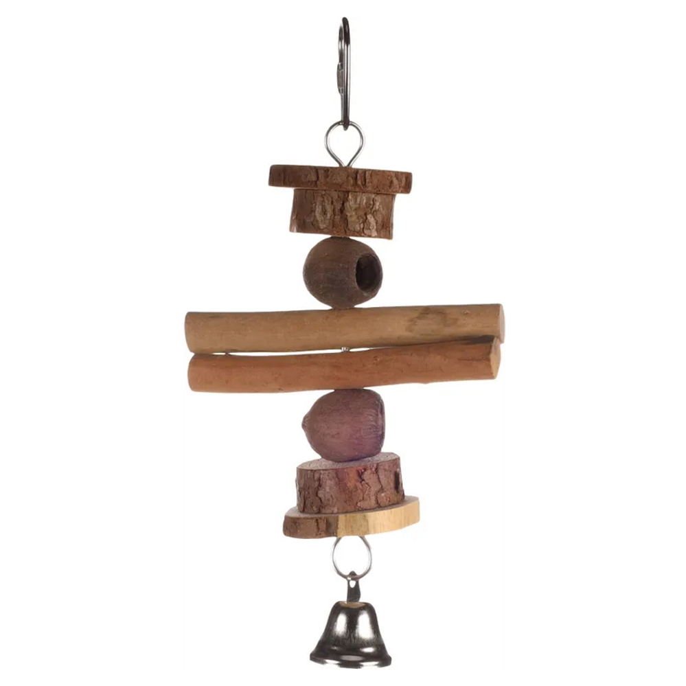 E-shop FLAMINGO Hračka pták dřevo/ořechy/zvonek 11 x 11 x 21,5 cm