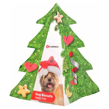 FLAMINGO Vánoční stromeček plněný sušenkami pro psy 200g mírně poškozený