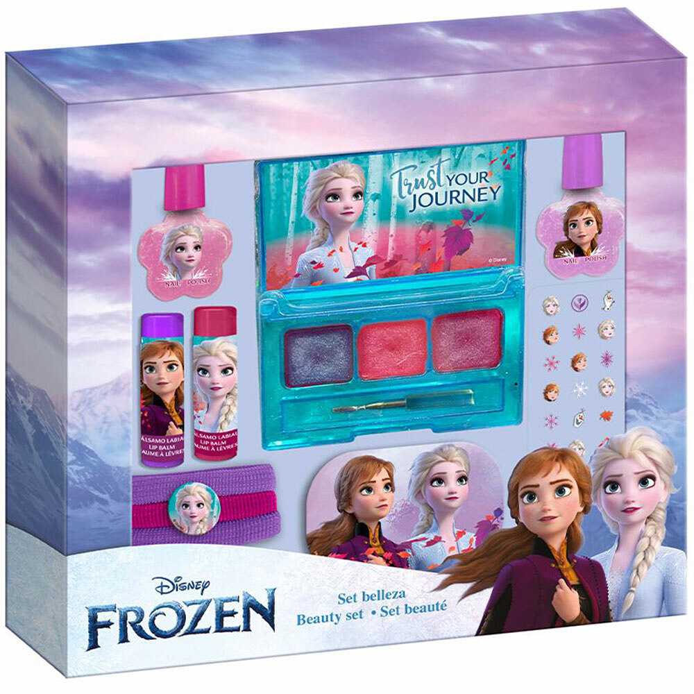 Levně DISNEY Frozen Beauty 3 x lesk na rty + 2 x balzám na rty + 2 x lak na nehty + pilník na nehty + nálepky na nehty + 3 x gumička Dárkové balení