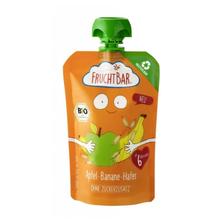 E-shop FRUCHTBAR 100% Recyklovatelná BIO ovocná kapsička s jablkem, pomerančem, banánem a ovsem 6m+ 100 g