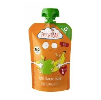 FRUCHTBAR 100% Recyklovatelná BIO ovocná kapsička s jablkem, pomerančem, banánem a ovsem 6m+ 100 g, expirace 31.07.2024
