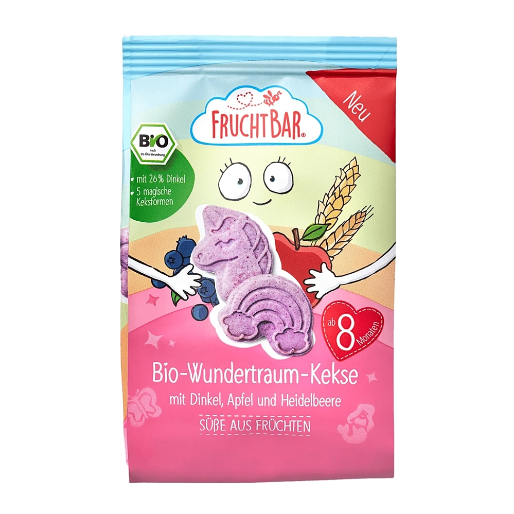 FruchtBar BIO Špaldové máslové sušenky s ovocem Jednorožec 100 g