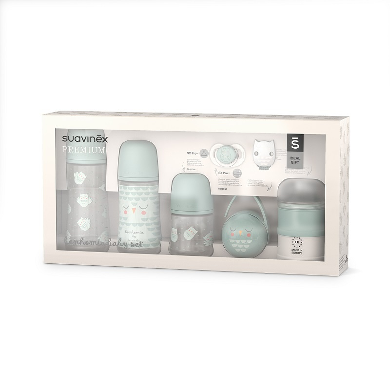 E-shop SUAVINEX Premium novorozenecký set Bonhomia zelený - lahvičky, dudlík, klip, krabička na dudlík, dávkovač suš. mléka