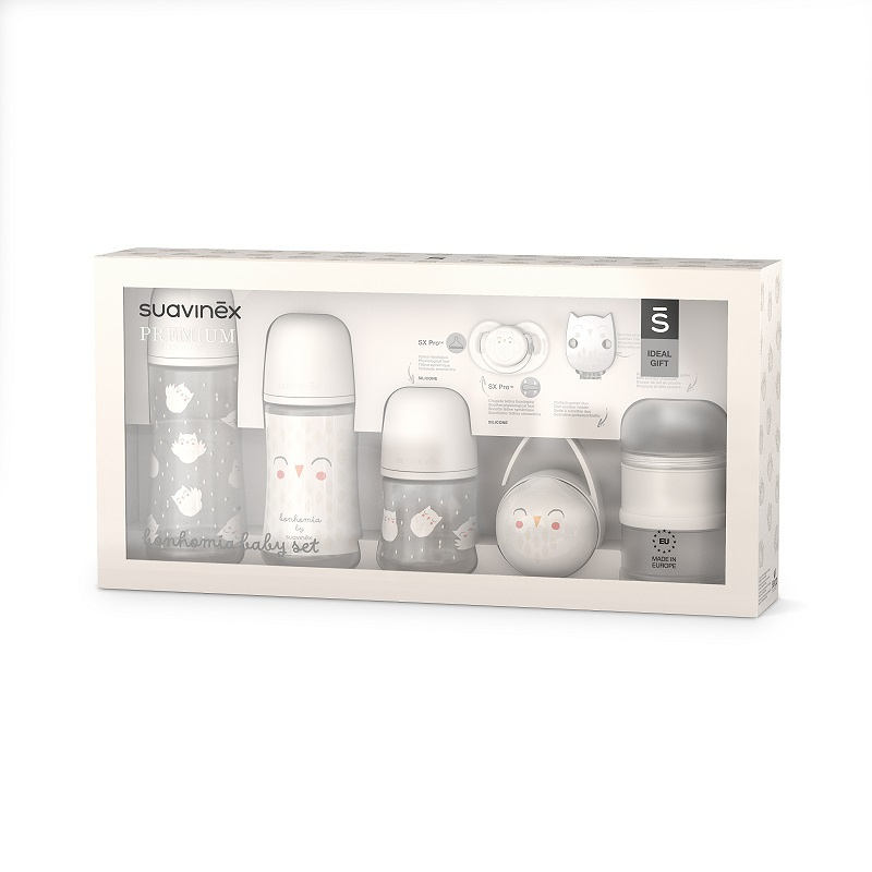 E-shop SUAVINEX Premium novorozenecký set Bonhomia bílý - lahvičky, dudlík, klip, krabička na dudlík, dávkovač suš. mléka