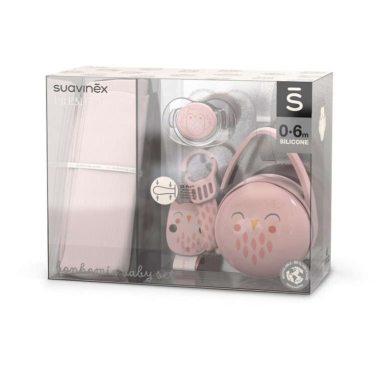 E-shop SUAVINEX Dárkový set baby Bonhomia růžový - dudlík, plena, klip na dudlík a a krabička na dudlíky