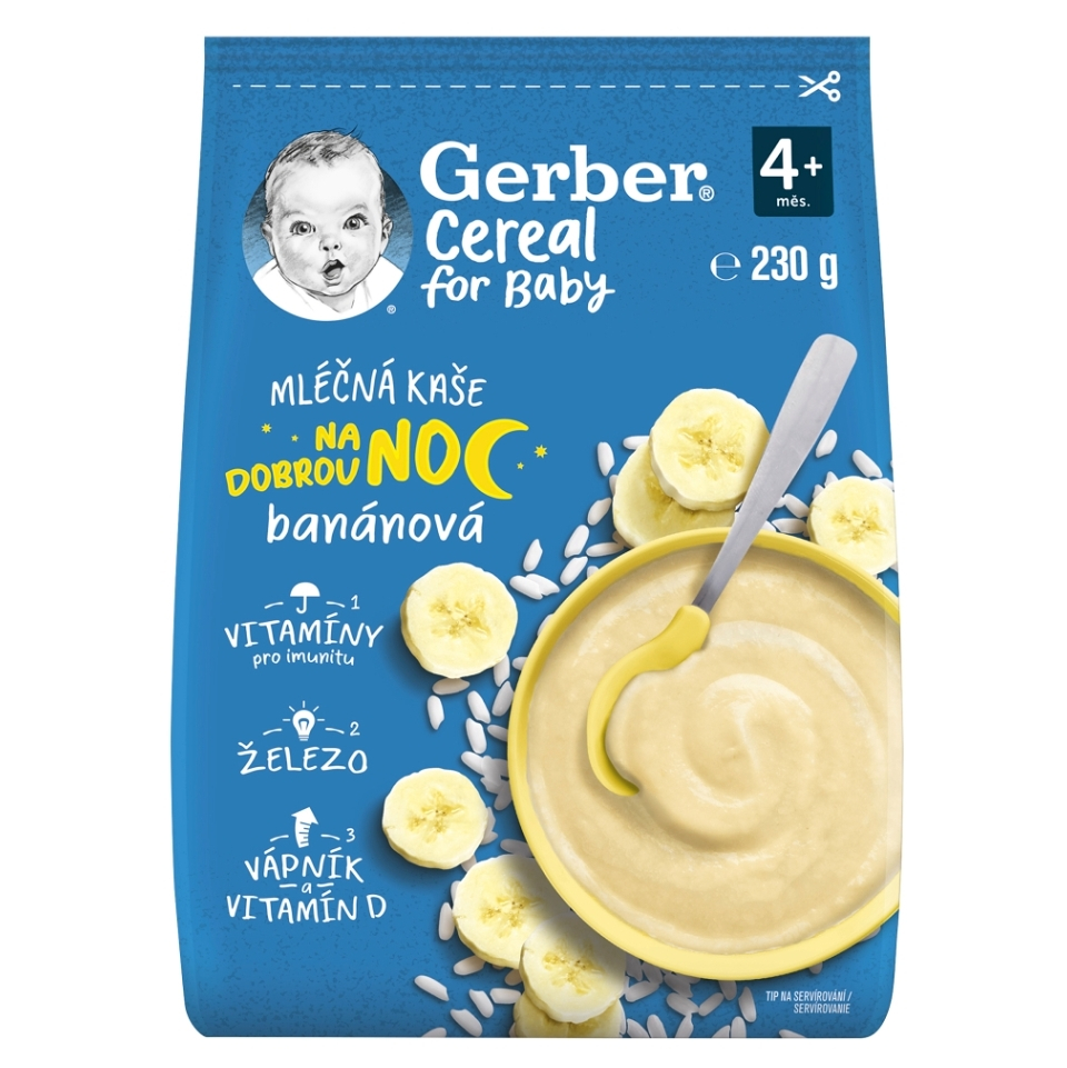 E-shop GERBER Cereal mléčná kaše banánová na dobrou noc 4m+ 230 g