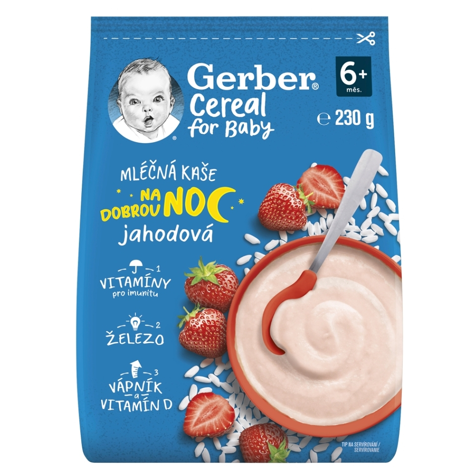 E-shop GERBER Cereal mléčná kaše jahodová na dobrou noc 6m+ 230 g