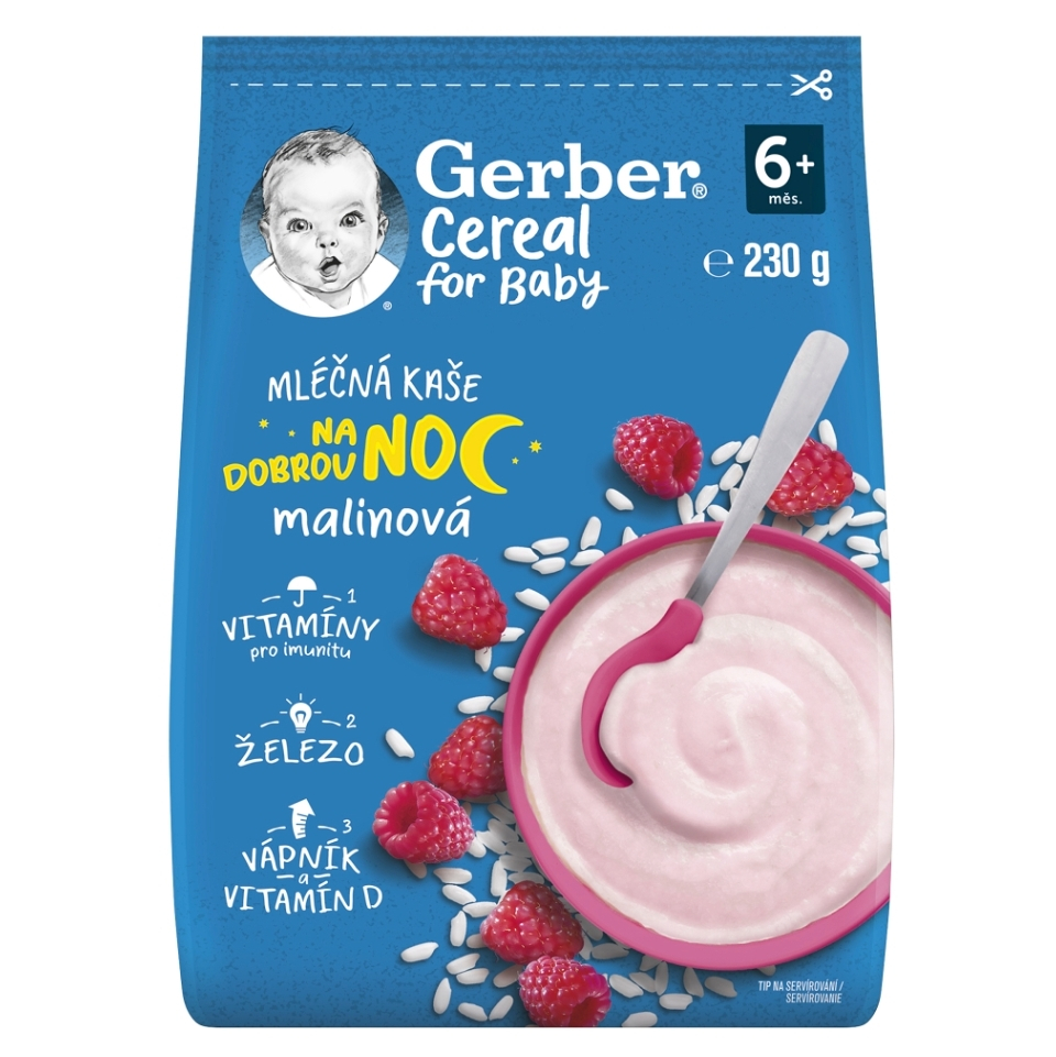 E-shop GERBER Cereal mléčná kaše malinová na dobrou noc 6m+ 230 g