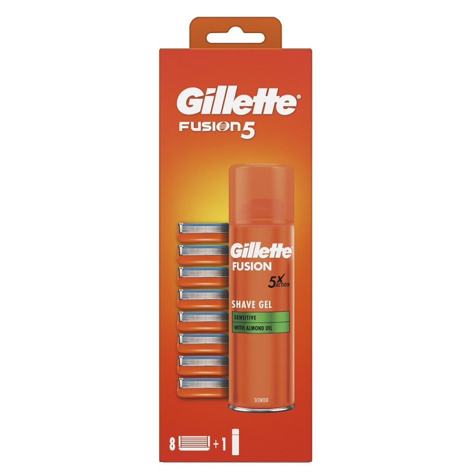 Levně GILLETTE Fusion5 Náhradní hlavice 8 ks + Fusion Gel na holení 200 ml