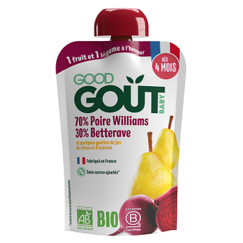 GOOD GOUT Hruška Williams s červenou řepou 4m+ BIO 120 g, expirace 14.02.2026 (Svačinové kapsičky) - BIO