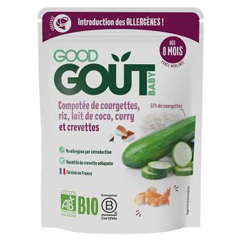 GOOD GOUT Krevety s rýží cuketou a kokosovým mlékem 8m+ BIO 190 g, expirace 24.02.2026 (Masozeleninové příkrmy) - BIO