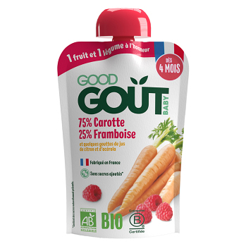 GOOD GOUT Mrkev s malinami 4m+ BIO 120 g, expirace 14.02.2026 (Svačinové kapsičky) - BIO