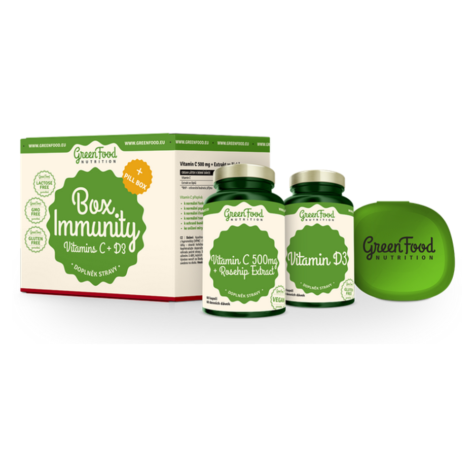 Levně GREENFOOD NUTRITION Box Immunity vitamin D3 60 kapslí a vitamin C500 60 kapslí + PILLBOX