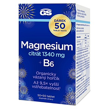 GS Magnesium citrát 1340 mg + B6  50 + 50 tablet NAVÍC (Na energii, při únavě) - Vícesložkové