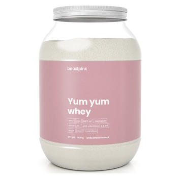 GYMBEAM BeastPink Yum yum whey protein bílá čokoláda kokos 1000 g (Syrovátkové proteiny) - Instantní, Proteinové, Před výkonem