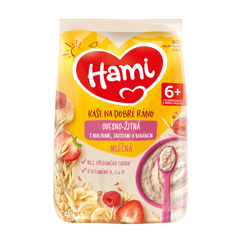E-shop HAMI Mléčná kaše ovesno-žitná s malinami, jahodami a banánem na Dobré ráno 6m+ 210 g