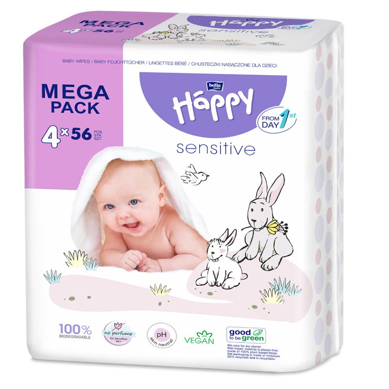 Levně BELLA HAPPY Baby mega pack čistící vlhčené ubrousky sensitive 224 kusů