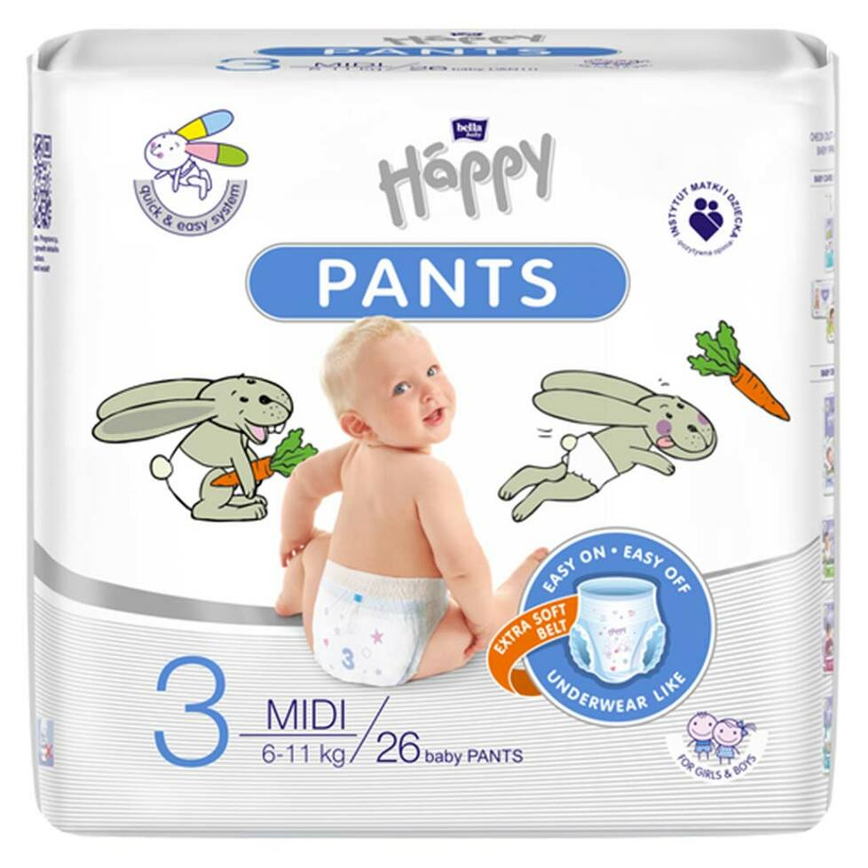 Levně BELLA HAPPY Baby pants kalhotkové plenky Midi 6 - 11 kg 26 kusů
