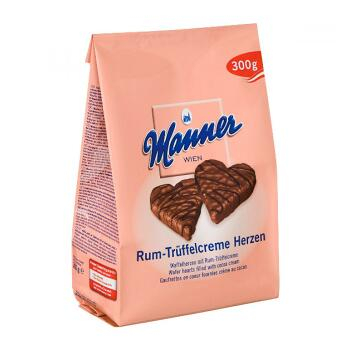 Manner Herzen 300 g oplatkové srdce kakao + rum v čokoládě