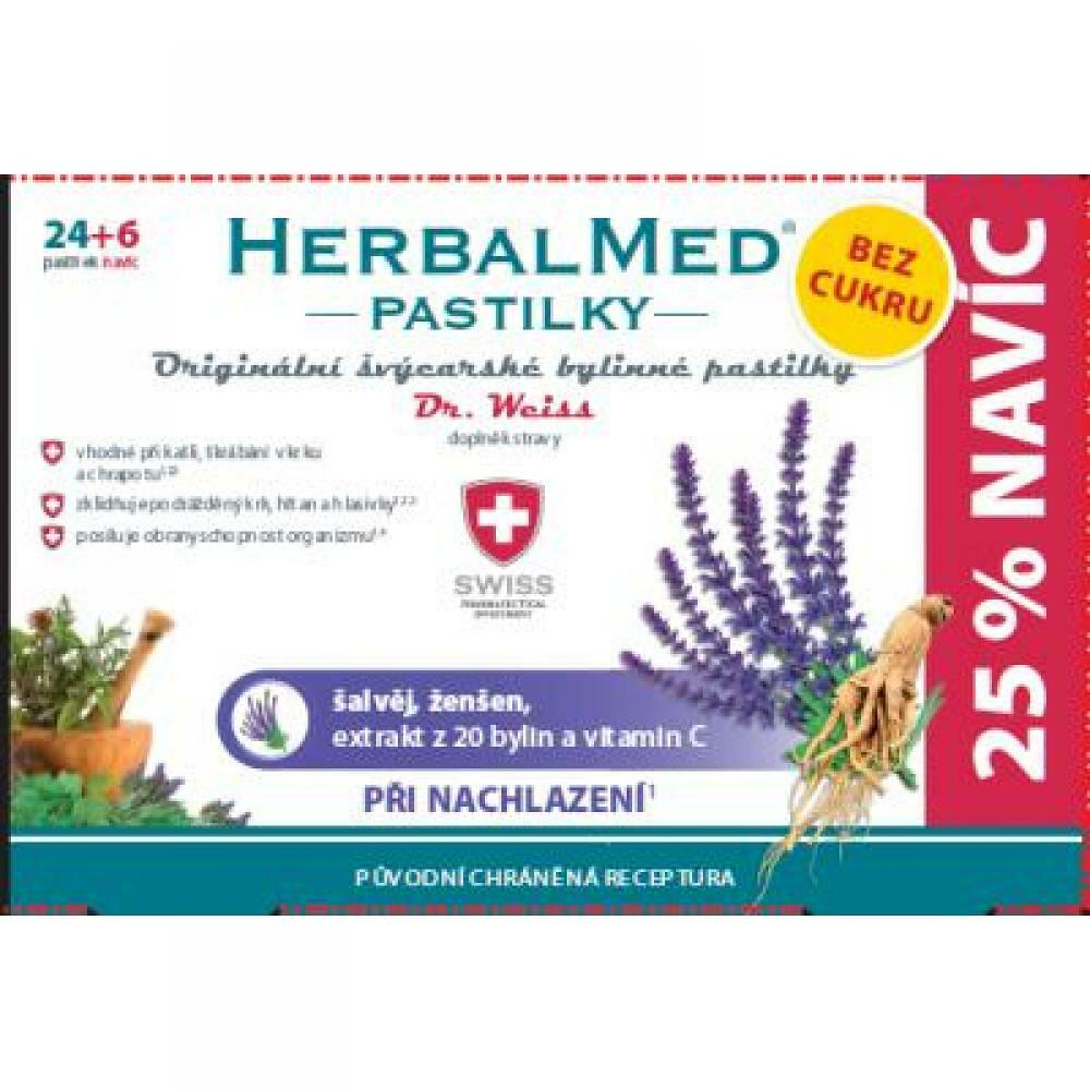Levně DR. WEISS HerbalMed pastilky bez cukru Šalvěj + ženšen + vitamín C 24 + 6 kusů