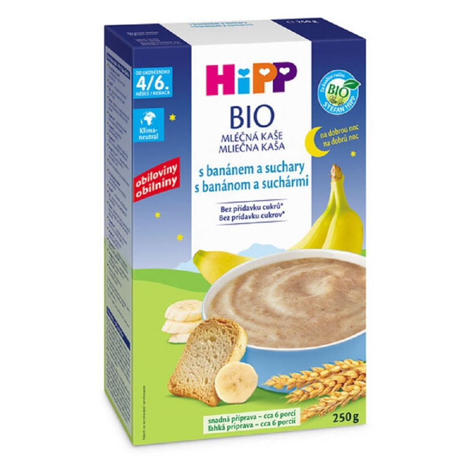 E-shop HIPP BIO Mléčná kaše na dobrou noc s banánem a suchary od ukončeného 4./6. měsíce věku 250 g