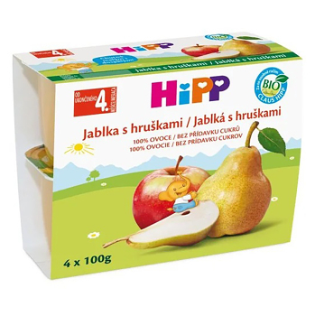 HIPP Ovoce 100% jablka s hruškami BIO 4 x 100 g (Ovocné přesnídávky) - BIO