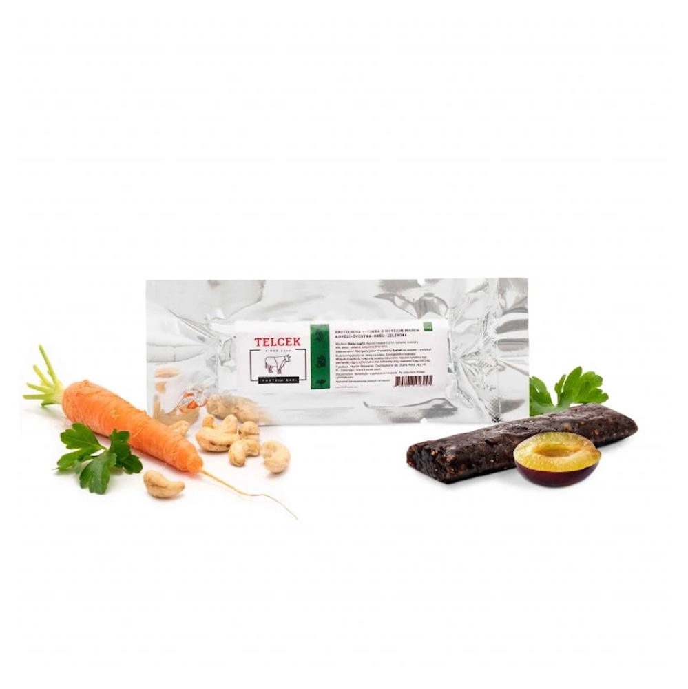 TELCEK Hovězí proteinová tyčinka s kešu švestkami a zelenina 50 g