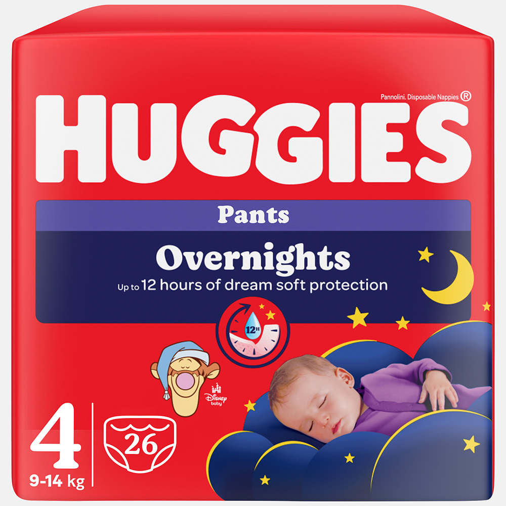 HUGGIES® Kalhotky plenkové noční Overnights Pants vel. 4 (9-14 kg), 26 kusů