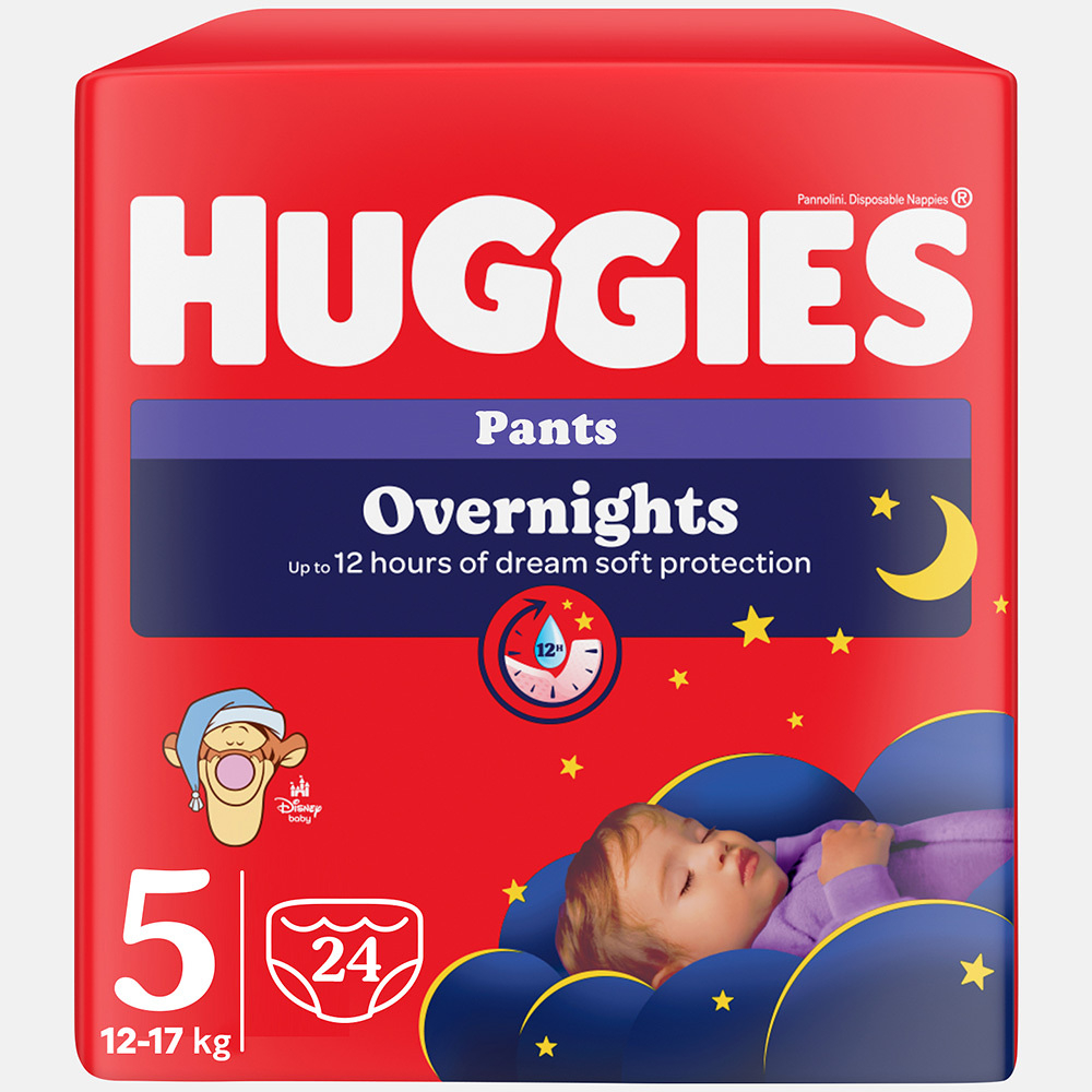 HUGGIES® Kalhotky plenkové noční Overnights Pants vel. 5 (12-17 kg), 24 kusů