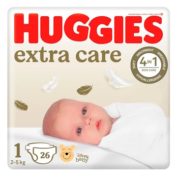 HUGGIES Dětské plenky extra care 1 velikost 2-5kg 26 kusů (Plenky 1 (2 - 5 kg)) - Hypoalergenní, Absorpční, Pružné, Prodyšné