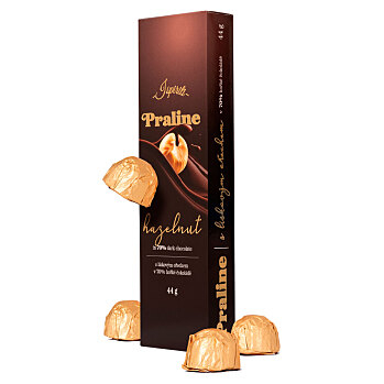 ISPIRITI Praline s lískovým ořechem v 70% hořké čokoládě 44 g (Čokolády) - Hořké