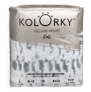 KOLORKY DELUXE VELVET Jednorázové EKO plenky puntíky L (8-13 kg) 19 kusů