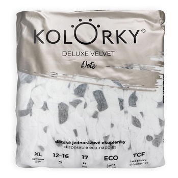 KOLORKY DELUXE VELVET jednorázové EKO plenky se sametovým povrchem puntíky XL (12-16 kg) 17 kusů