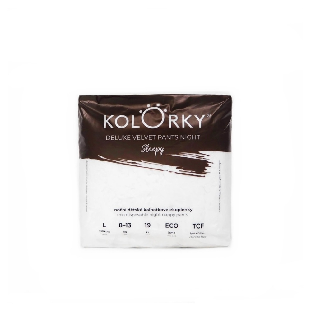 KOLORKY Deluxe Velvet noční kalhotkové plenky sleepy L (8-13 kg) 19 ks