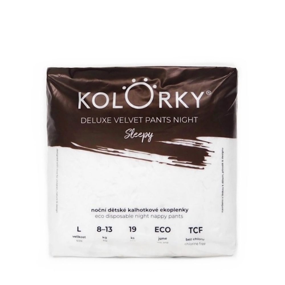 KOLORKY Deluxe Velvet noční kalhotkové plenky sleepy L (8-13 kg) 19 ks