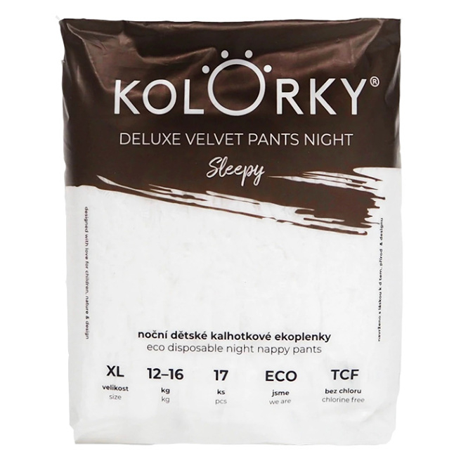 KOLORKY Deluxe Velvet noční kalhotkové plenky sleepy XL (12-16 kg) 17 ks