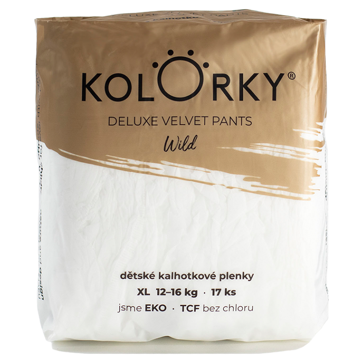 Levně KOLORKY Deluxe velvet pants Jednorázové kalhotkové EKO plenky wild XL (12-16 kg) 17 kusů