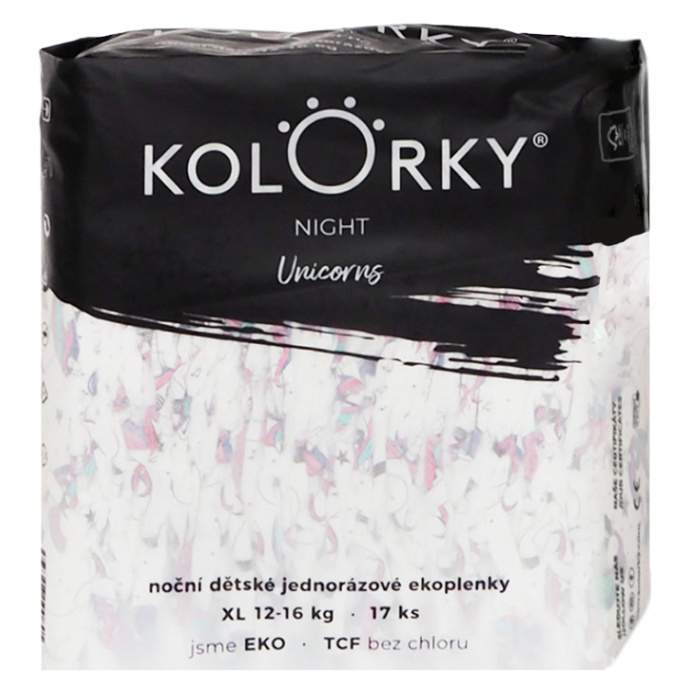 E-shop KOLORKY Night jednorožci XL 12-16 kg noční jednorázové eko plenky 17 ks