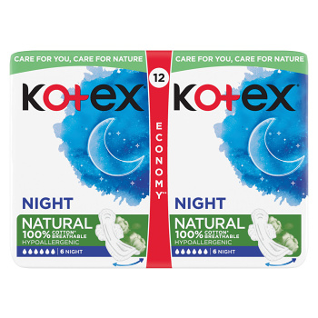 KOTEX Natural Dámské hygienické vložky Night 12 kusů (Menstruační vložky) - Noční