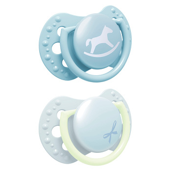 LOVI Silikonový symetrický dynamický dudlík Baby Shower modrý 2 ks