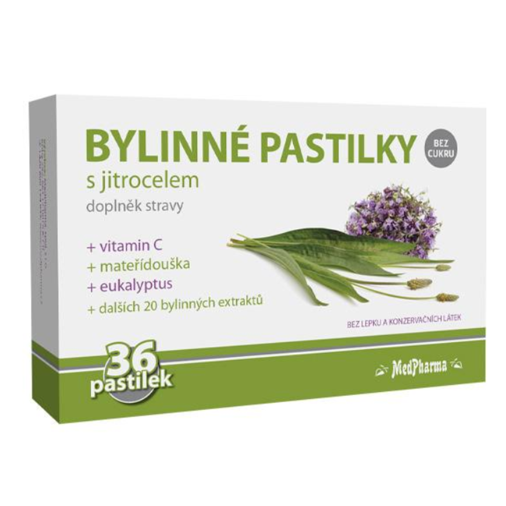 MEDPHARMA Bylinné pastilky bez cukru s jitrocelem 36 kusů
