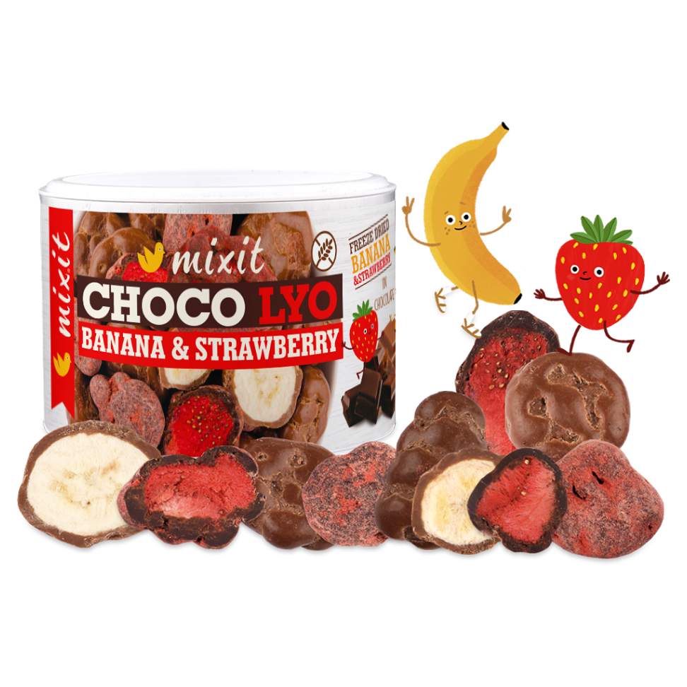 E-shop MIXIT Křupavé banánky a jahody v čokoládě 150 g