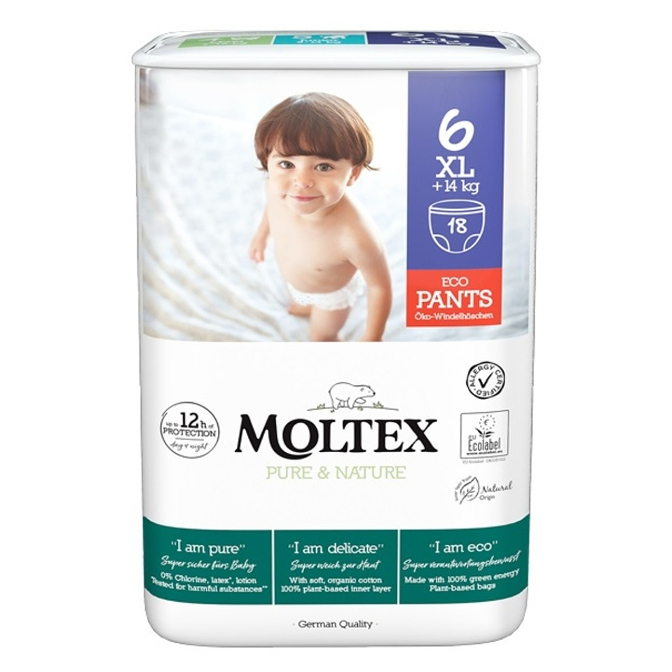 Levně MOLTEX Pure & Nature XL Natahovací plenkové kalhotky +14 kg 18 kusů