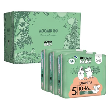 MOOMIN Baby 5 eko pleny jubilejní dárkový box maxi 10–16 kg 120 kusů (Plenky 5 (11 - 25 kg)) - Ekologické