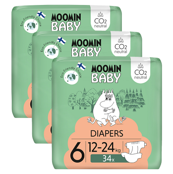 MOOMIN Baby 6 eko pleny měsíční balení maxi 12–24 kg 102 kusů (Plenky 6 (15 a více kg)) - Hypoalergenní, Ekologické