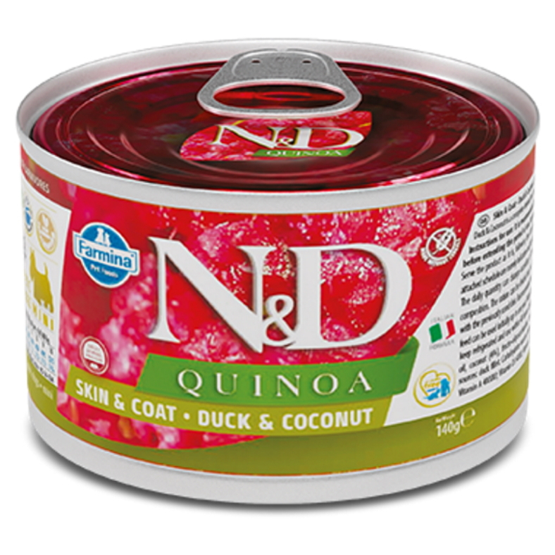 E-shop N&D Quinoa duck & coconut adult mini pro malá plemena psů 140 g